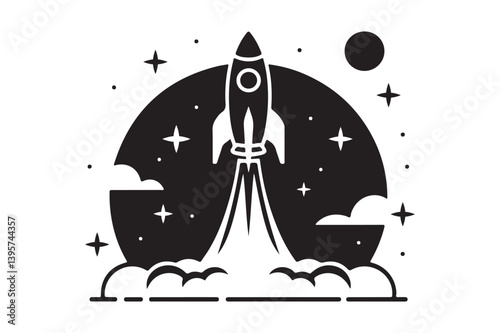 Rocket Launch Vector Icon Space Shuttle Silhouette with Stars and Moon