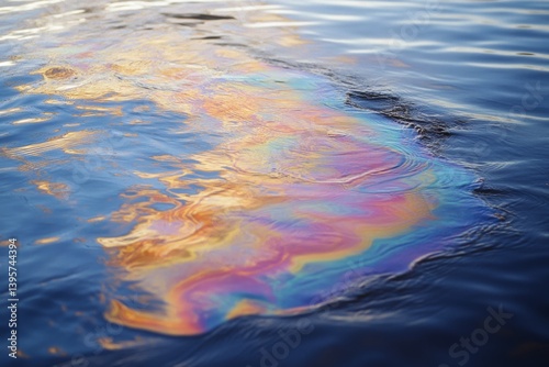 Colorful iridescent oil spill patterns create a mesmerizing display of swirling hues on the water's surface, merging art with pollution.