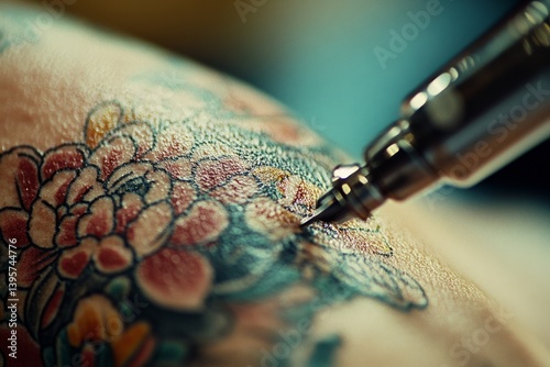 A tattoo artist skillfully inks a colorful floral design, captured in a detailed, contemplative close-up.