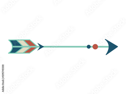 Bohemian tribal arrow with vibrant colors isolated on white background. Concept of archery sports, ancient hunting tool, and cultural design inspired by Indian, African, Mayan, and Aztec traditions