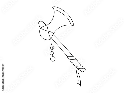 Black Continuous Line Drawing of Viking Axe with Decorative Elements isolated on White Background. Concept of Nordic Weapon, Minimalist Art, Historical Tool, Single Line Art for Design and Decoration