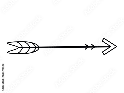 Black silhouette of arrow isolated on white background. Concept of archery, targeting, shooting, sport, traditional African craftsmanship, tribal culture, hunting, direction. Icon, Design Element