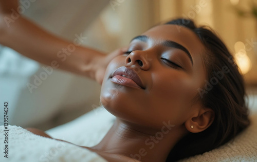 close up of young Black woman enjoys relaxing massage at spa, young African woman getting spa treatment