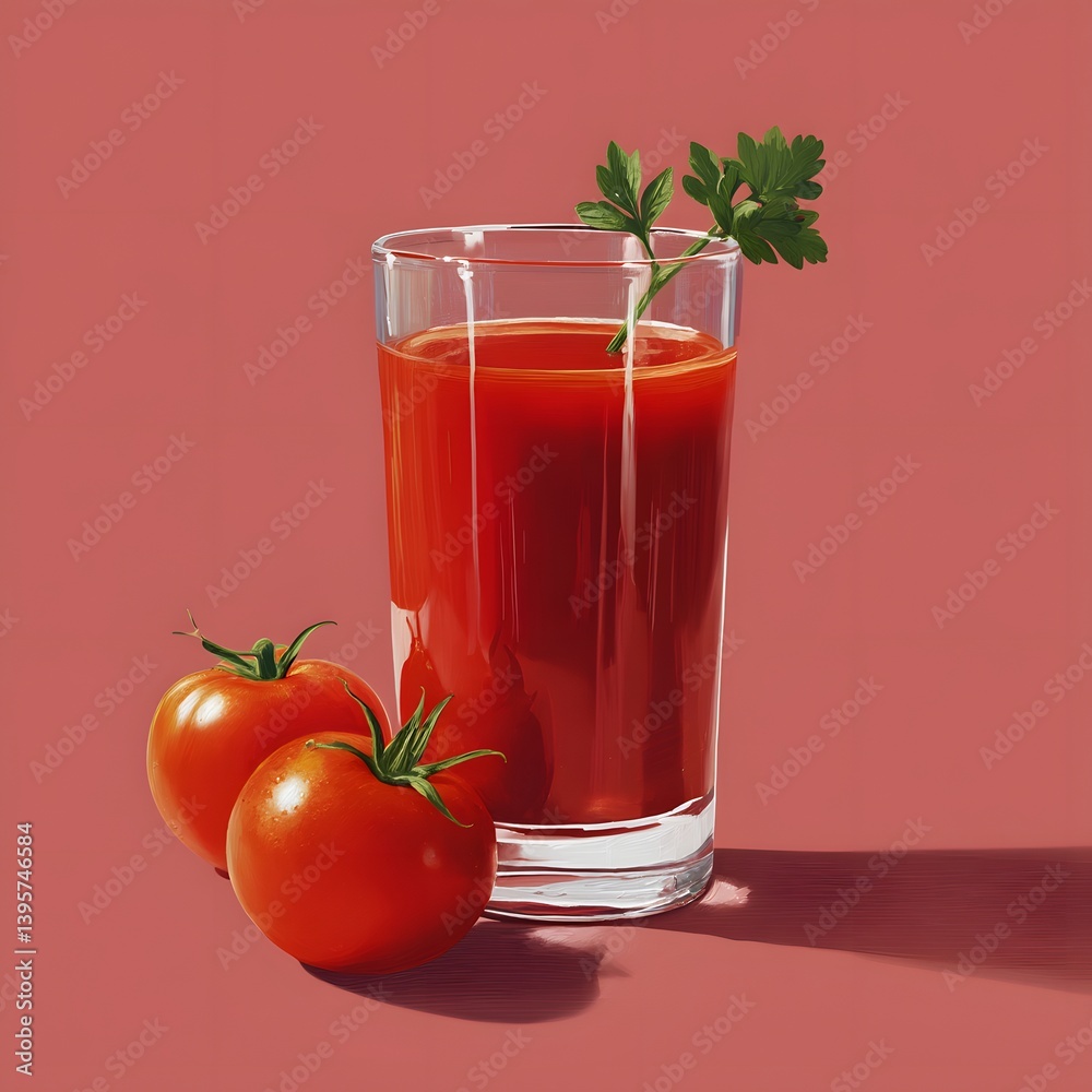 Tomato Juice Delight: A refreshing glass of vibrant tomato juice, garnished with a sprig of parsley, sits beside two ripe tomatoes, creating a tempting visual on a harmonious, red background. Tomato Juice Delight: A refreshing glass of vibrant tomato juice, garnished with a sprig of parsley, sits beside two ripe tomatoes, creating a tempting visual on a harmonious, red background.