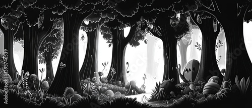 Black and white illustration of dense forest with light filtering through trees.