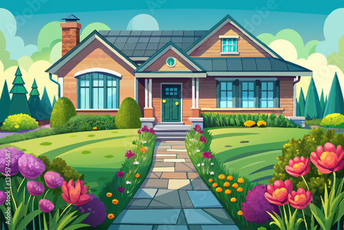 vector of The exterior of this house is with grass and beautiful flowers and paving stones
