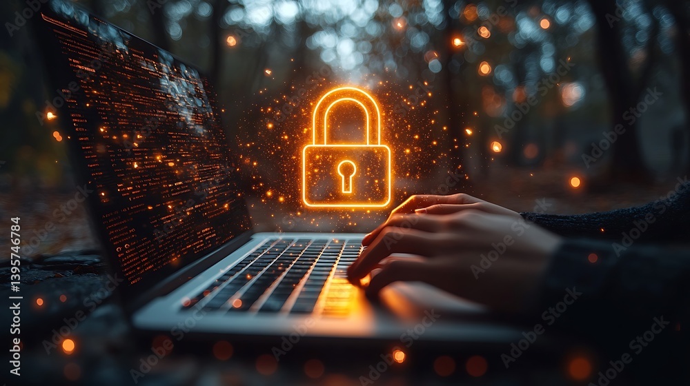 Securing Online Information: Digital Lock Icon on Laptop Screen with User Typing for Confidentiality and Protection.