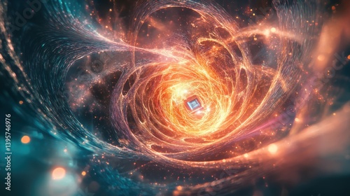 Close-up of Glowing Quantum Chip Surrounded by Swirls