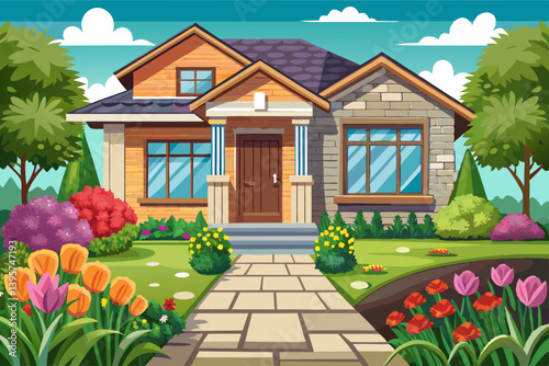 vector of The exterior of this house is with grass and beautiful flowers and paving stones