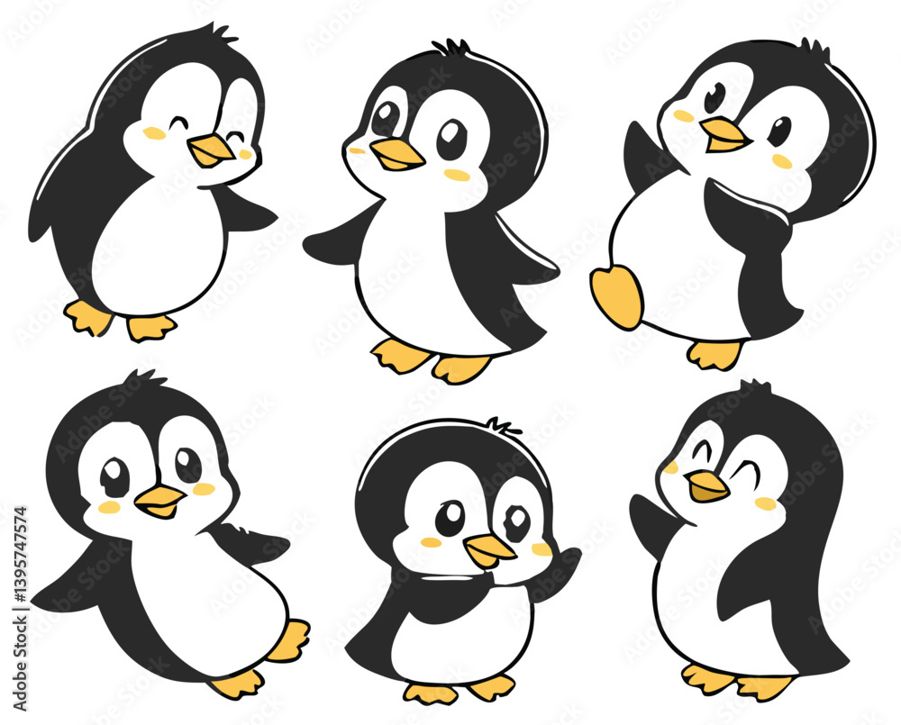 Fototapeta premium Cute Winter Penguin – Cartoon Arctic Penguins in Hats, Scarves, and Holiday Outfits for Christmas, Kids Decor, Stickers, and Greeting Cards
