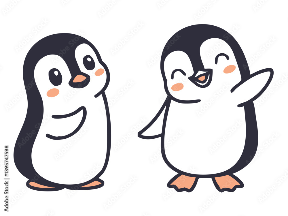Fototapeta premium Cute Winter Penguin – Cartoon Arctic Penguins in Hats, Scarves, and Holiday Outfits for Christmas, Kids Decor, Stickers, and Greeting Cards