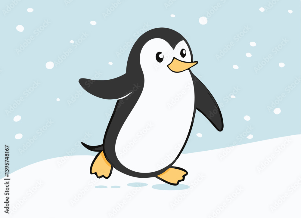 Fototapeta premium Cute Winter Penguin – Cartoon Arctic Penguins in Hats, Scarves, and Holiday Outfits for Christmas, Kids Decor, Stickers, and Greeting Cards