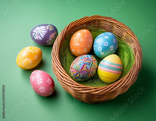 Huevos de Pascua decorados con colores, colocados cerca de una canasta de mimbre sobre una superficie verde, que representan el ambiente festivo y alegre de la celebracion