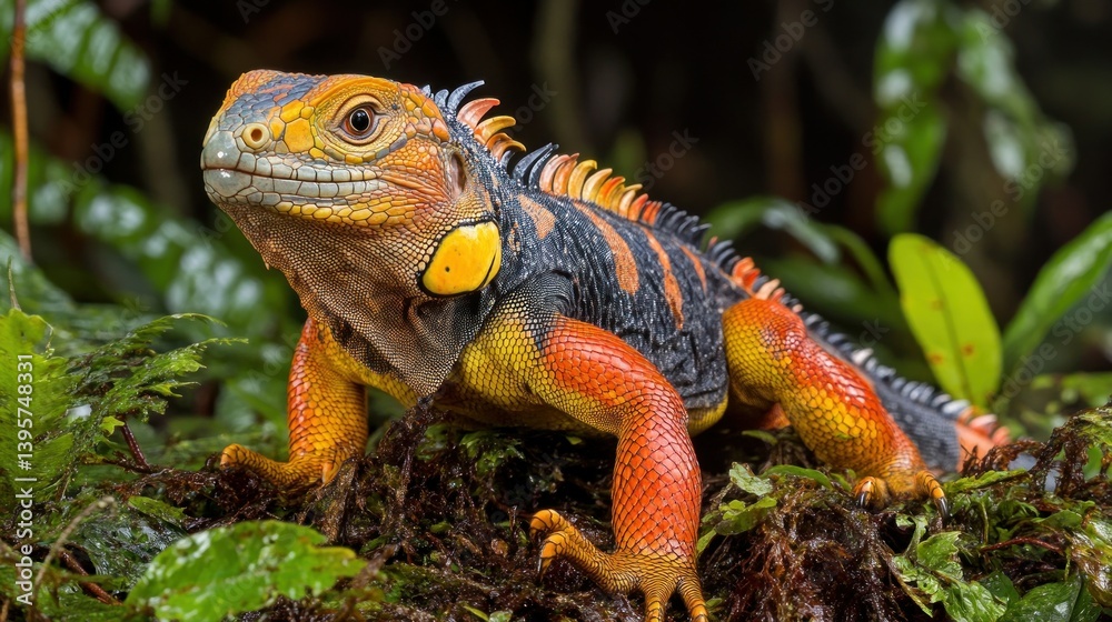 Naklejka premium Vibrant iguana in rainforest