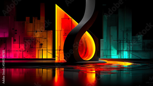 Neon Fluid Architectural Shapes with Glowing Digital Frameworks and Abstract Geometric Decay
