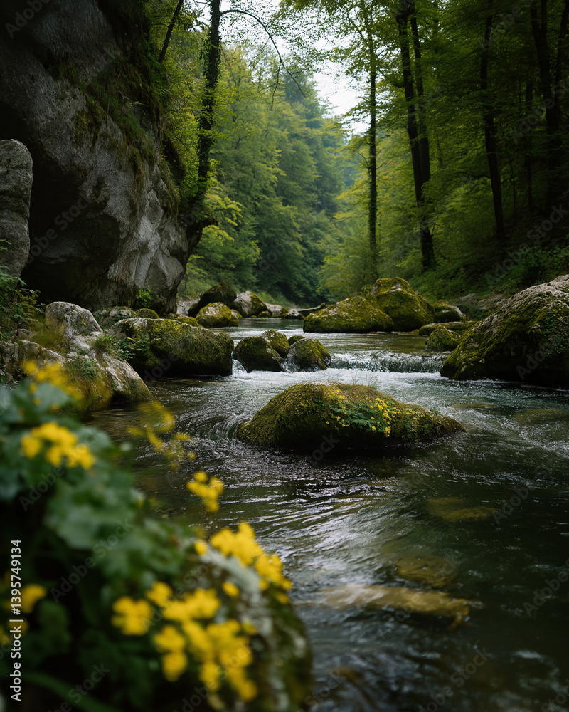 Obraz premium mountain river in the forest, stream in the forest, river in the forest, spring in the river, summer in the river, yellow flowers on the river, yellow flowers in the water, nature's beauty photo