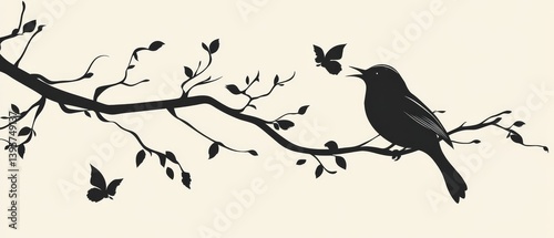 Silhouette of a bird perched on a branch with leaves and butterflies.