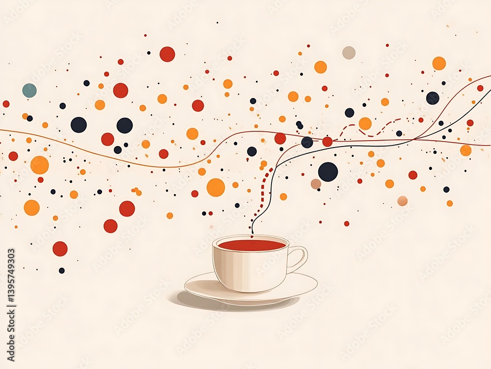 A cup of coffee with abstract swirls and colorful dots.