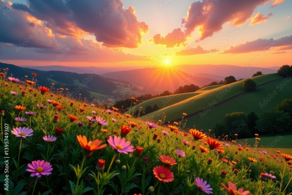 Fototapeta premium Vibrant sunset over rolling hills dotted with wildflowers, peaceful countryside scene, artificial intelligence, colorful, virtual