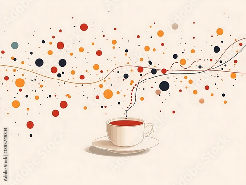 Obraz na płótnie A cup of coffee with abstract swirls and colorful dots. w salonie