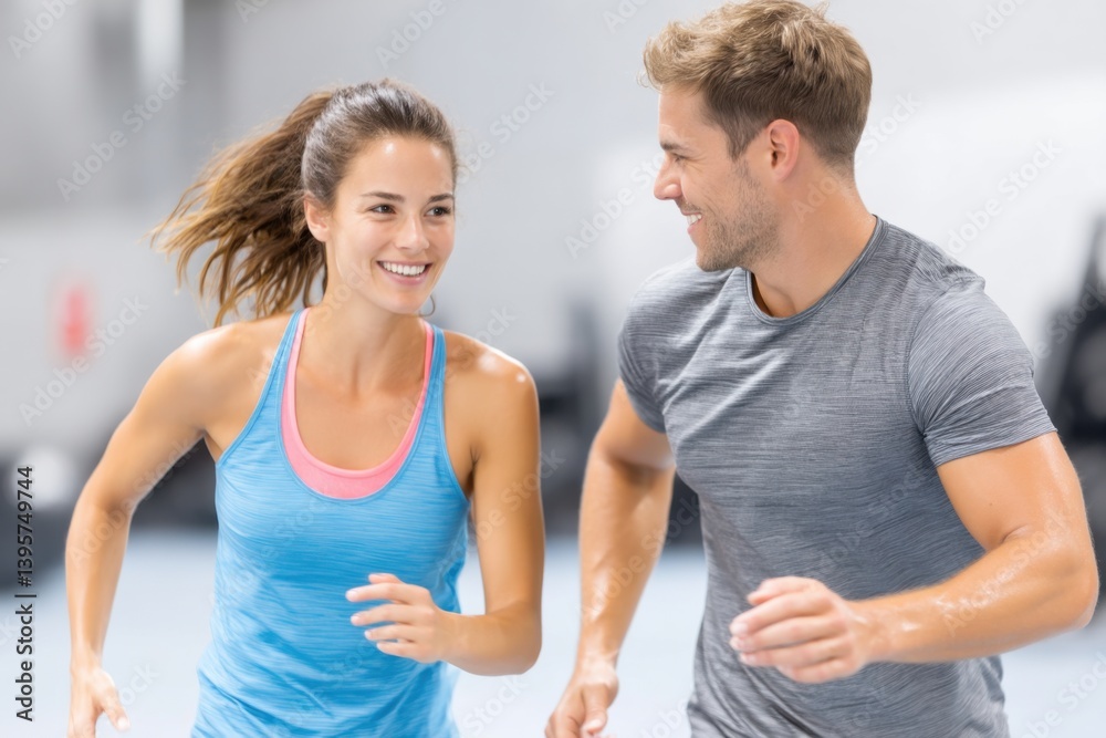 Personal trainer assisting client running on treadmill in gym Personal trainer assisting client running on treadmill in gym