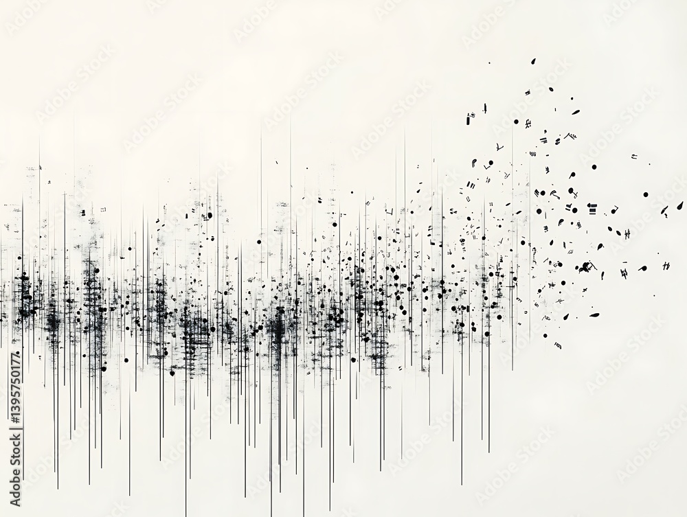 A monochrome abstract composition of vertical lines and scattered marks.
