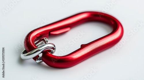 Red oval carabiner with silver locking mechanism on white background. photo
