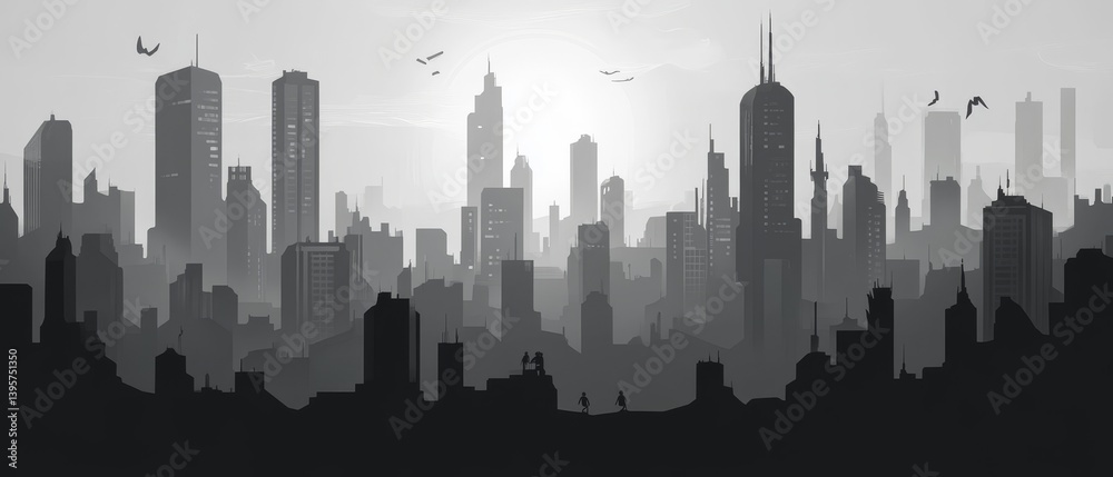 Monochrome cityscape silhouette with tall buildings and birds against a bright sky. Monochrome cityscape silhouette with tall buildings and birds against a bright sky.