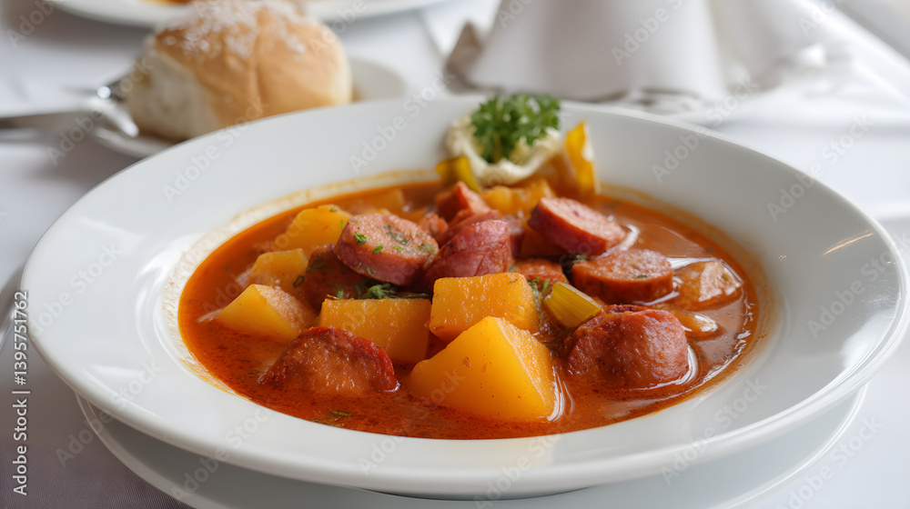 Hearty Potato Goulash with Sausage Chunks in Bowl, Fresh Bread Roll on White Tablecloth, Gourmet Dining Setup Hearty Potato Goulash with Sausage Chunks in Bowl, Fresh Bread Roll on White Tablecloth, Gourmet Dining Setup