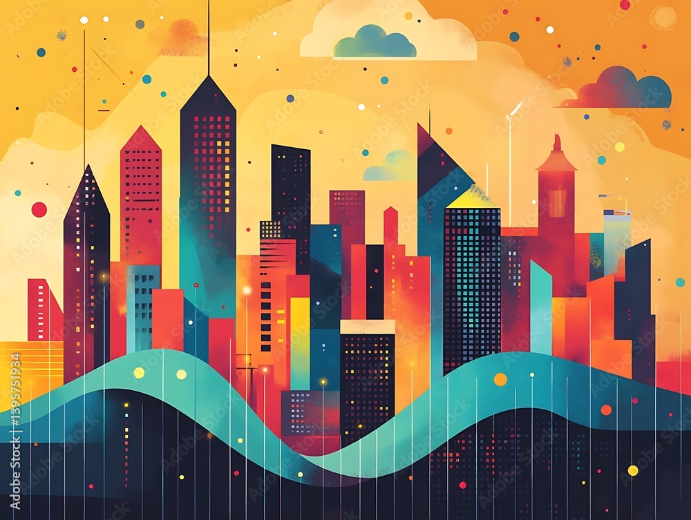 A vibrant cityscape illustration with abstract wave patterns.