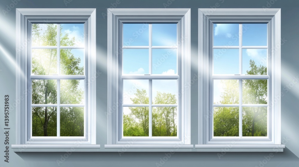 Three bright windows with sunlight streaming through, showcasing a verdant landscape outside. Three bright windows with sunlight streaming through, showcasing a verdant landscape outside.