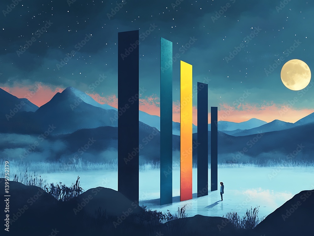A solitary figure confronts towering, colored bar graphs against a serene night landscape.