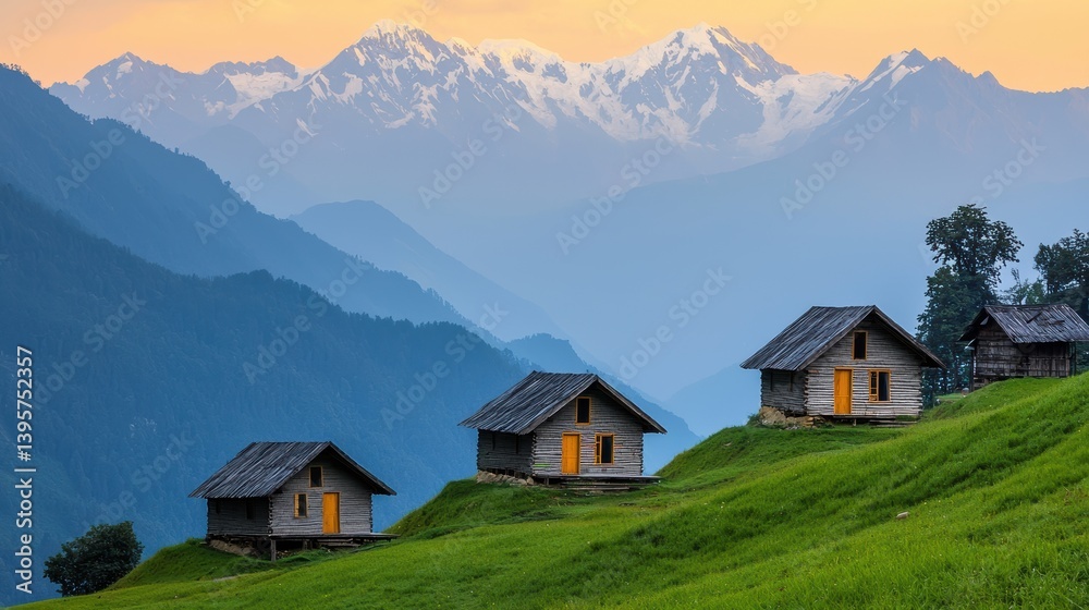 A remote mountain village nestled in the foothills at sunset