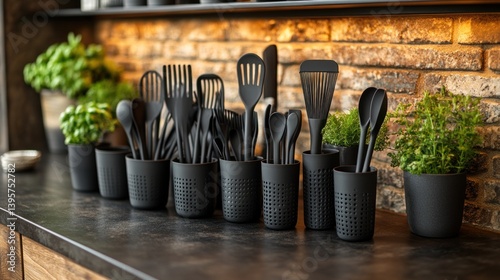 Black kitchen utensils in pots on counter