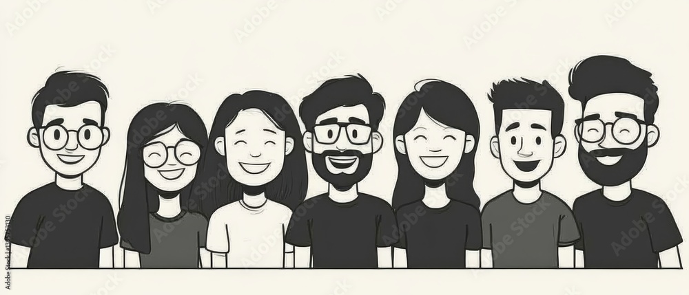 Cartoon illustration of a group of six diverse young adults smiling.
