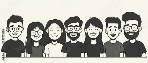 Obraz na płótnie Cartoon illustration of a group of six diverse young adults smiling. w salonie