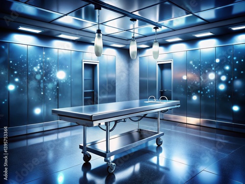 Empty Morgue Cold Steel Table Bokeh Dramatic Lighting Stock Photo