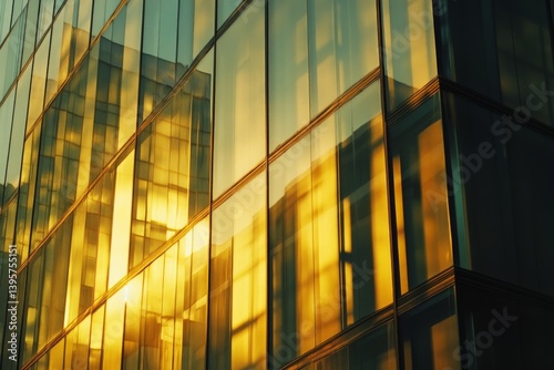 Golden sunlight sparkles on the glass windows of a modern building, creating a captivating geometric pattern as day turns to night.