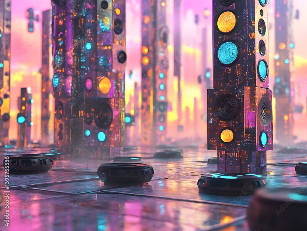 A vibrant, futuristic cityscape of luminous, modular structures.