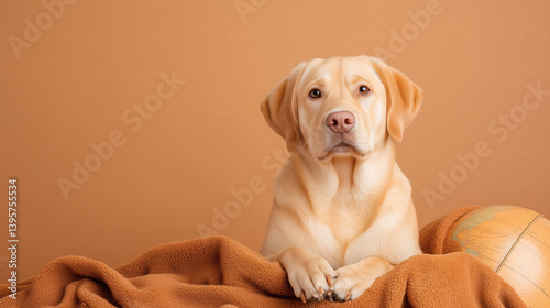 A yellow lab sits comfortably with its paws crossed on a soft blanket, gazing directly at the viewer in a serene, warm-colored environment