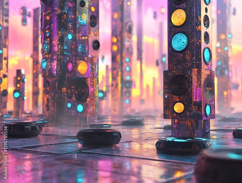 Obraz na płótnie A vibrant, futuristic cityscape of luminous, modular structures. w salonie