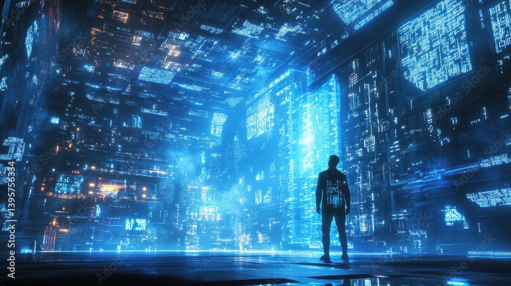 Fototapeta premium Quantum Processor Glowing Under Intricate Digital Display