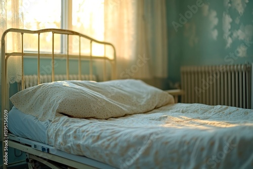 Soft sunlight filters through yellow curtains onto a vintage brass bed, creating a nostalgic, peaceful bedroom scene filled with warmth and charm.