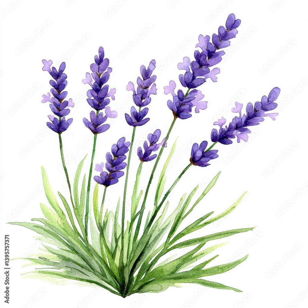 Naklejka premium Watercolor Lavender Flowers Illustration with Delicate Purple Blooms and Green Leaves