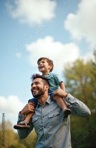 Happy father carries son on shoulders in park. Man and young boy laughing, enjoying fun time together outdoors. Cheerful kid and dad spend weekend, holiday. Family relationship concept.