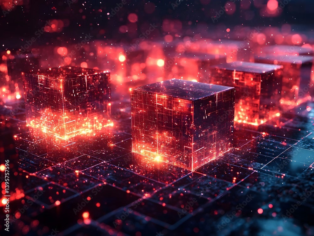Glowing cubes in a futuristic cityscape representing data visualization