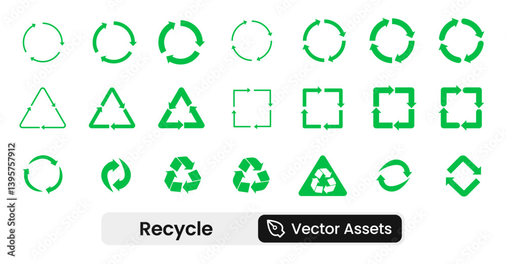 Recycle icon set showcasing sustainability, eco-friendly practices, waste management, and environmental conservation symbols. A solid vector illustration collection ideal for recycling apps Recycle icon set showcasing sustainability, eco-friendly practices, waste management, and environmental conservation symbols. A solid vector illustration collection ideal for recycling apps