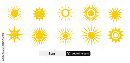 Sun Icons set showcasing light, warmth, energy, and natural brightness symbols. A solid vector illustration collection ideal for weather apps, outdoor activities, and environmental designs.