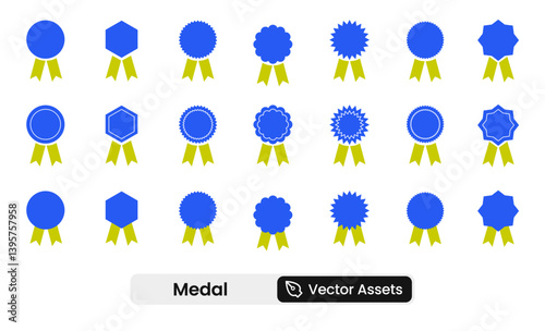 Medal Set with Ribbon Award icon set showcasing recognition, achievement, victory, and honor symbols. A solid vector illustration collection ideal for award ceremonies, competitions, and recognition