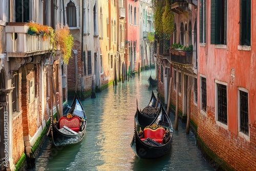 Gondolas on a venice canal surrounded by buildings with colorful facades under a bright sky day time